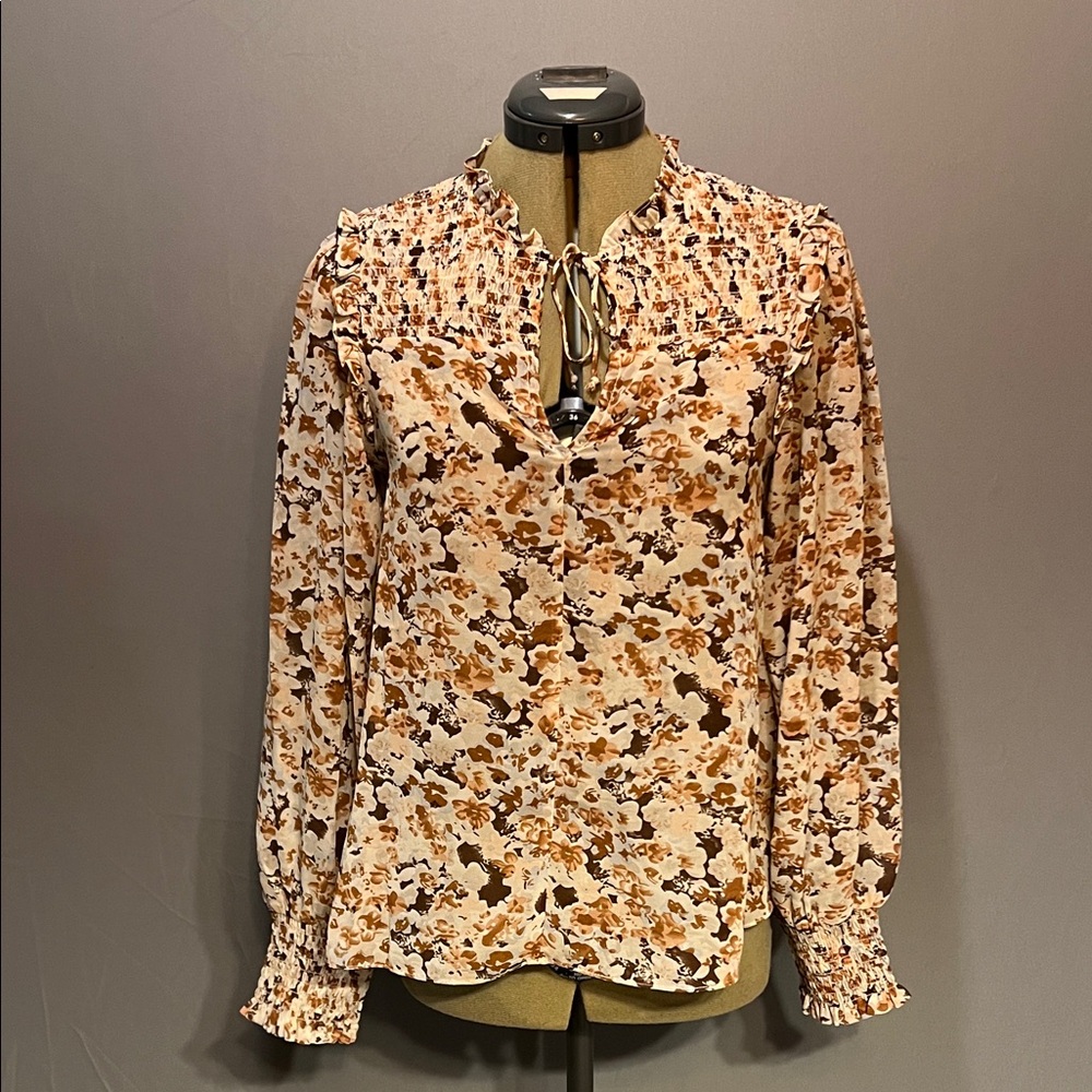 Elegant Floral Women's Sheer Peasant Blouse in Cream and Brown